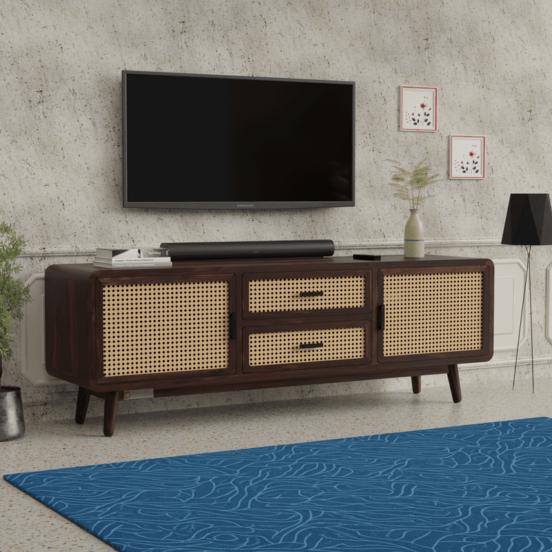 Rattan Tv Cabinet In Walnut Finish
