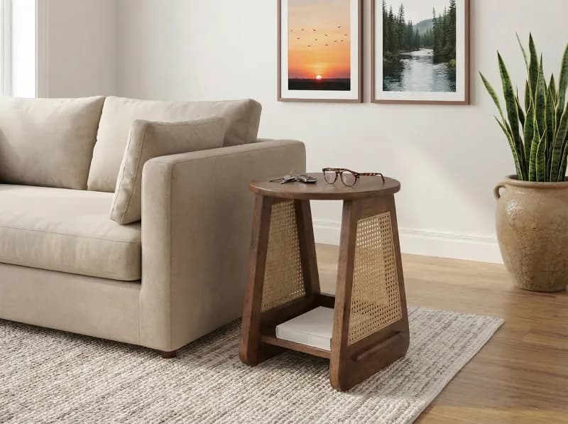 Amber Rattan Sofa Side Table in Teak finish