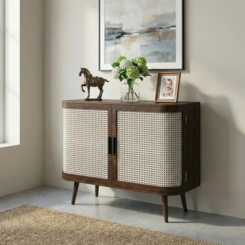 Amber Rattan Curved Sideboard Cabinet in Walnut Finish