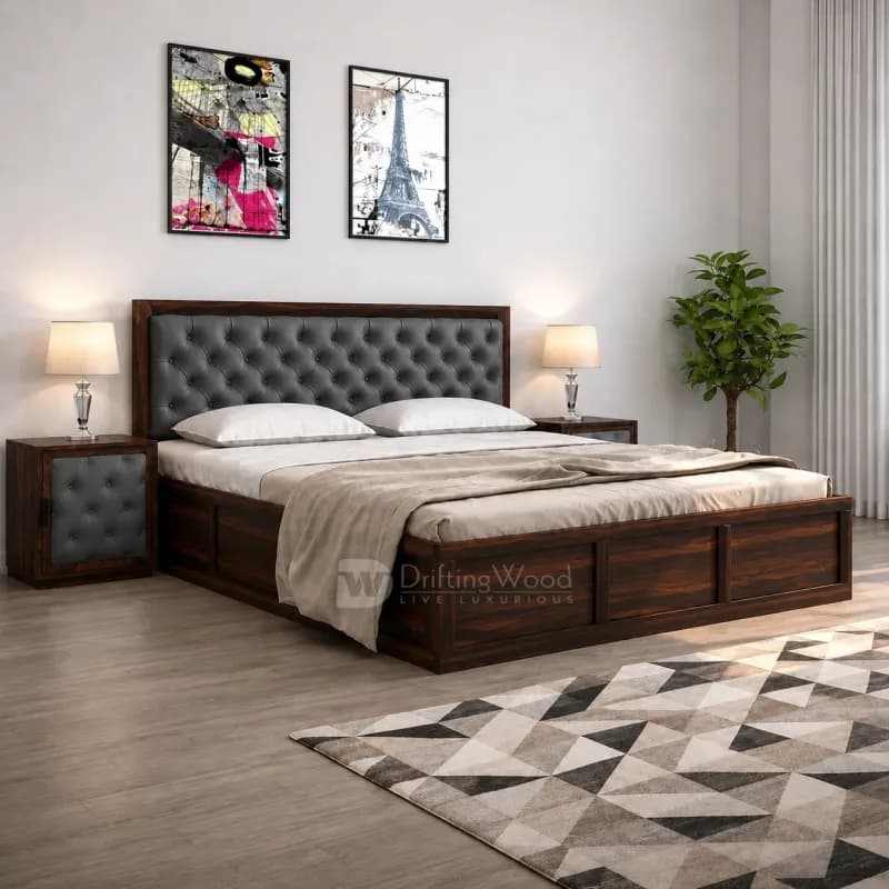 Dolvi King Size Bed in Walnut Finish with Charcoal Grey Rexine Headboard