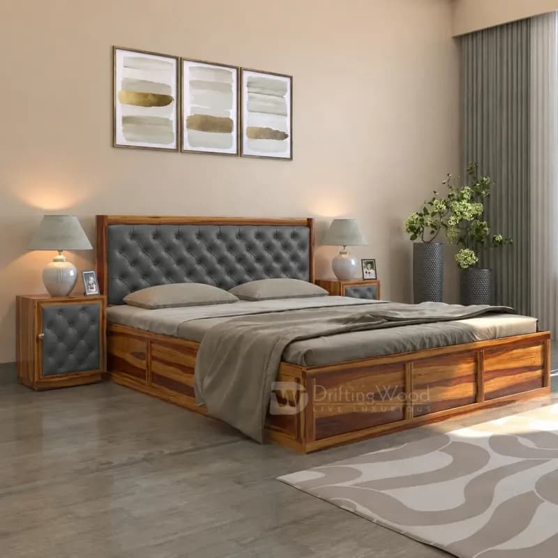 Dolvi Queen Size Bed in Honey Finish with Charcoal Grey Rexine Headboard