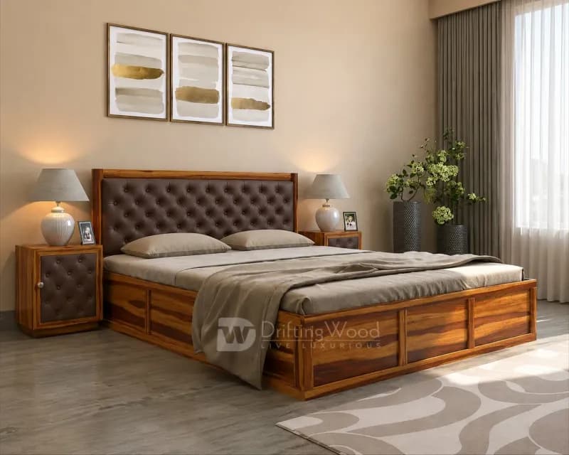 Dolvi Queen Size Bed in Honey Finish with Chocolate Brown Rexine Headboard
