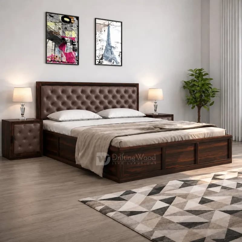 Dolvi Queen Size Bed in Walnut Finish with Chocolate Brown Rexine Headboard