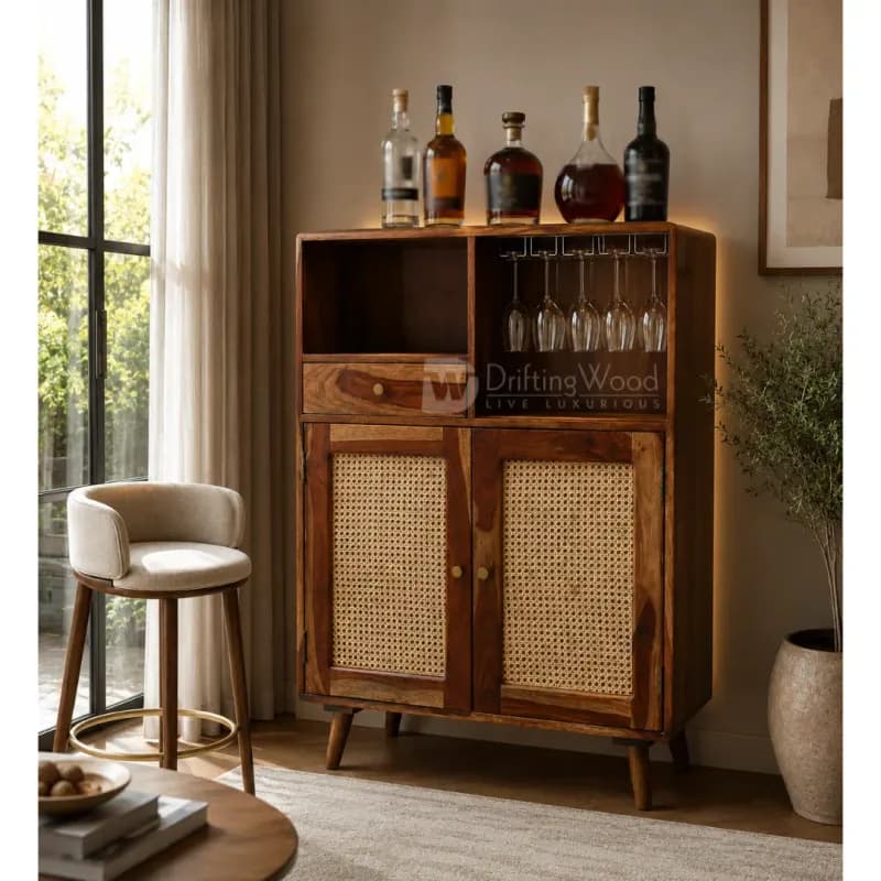 Amber Bar Cabinet | Rattan Doors | Teak Finish