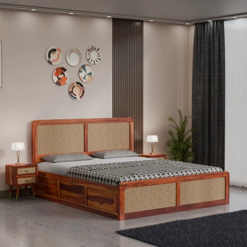 Amber Curved Edges Queen Size Bed with Rattan Headboard in Honey Finish 